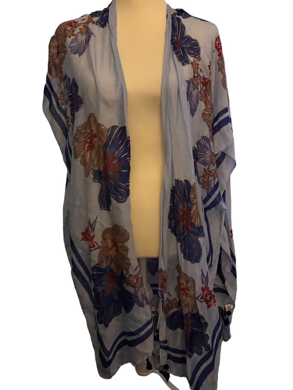 Woven Heart Sheer Floral Poncho Periwinkle Blue Gold Foil Detail, One Size